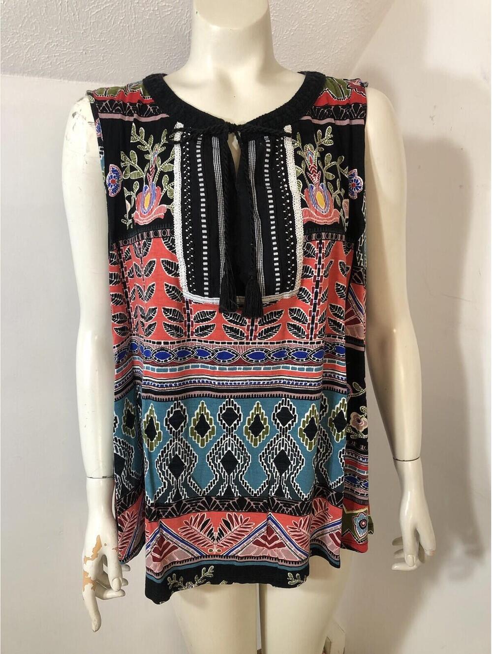 RXB XXL Knit Sleeveless Top Multicolor Abstract Crochet Trim Tie Neck Keyhole